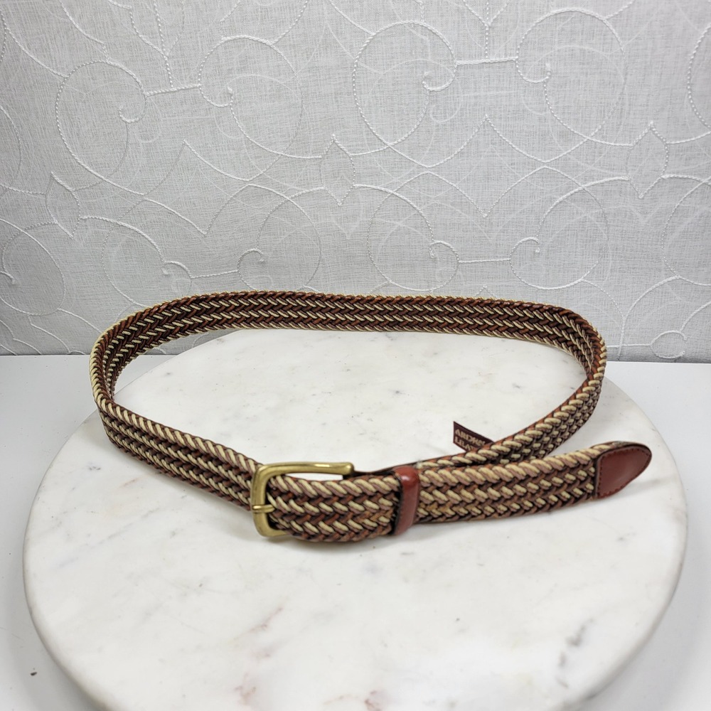 Arden Preppy Braided Leather Belt Size 36 Brown Tan Stretch Woven Brass Buckle